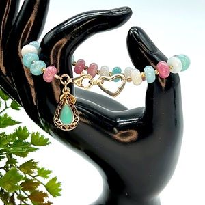 Gold Charm Beaded Bracelet with Turquoise Teardrop - Multicolor